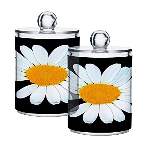 ALAZA White Daisy Flower 2 Pack Qtip Holder Dispenser with Lid 14 Oz Clear Plastic Apothecary Jar Containers Jars Bathroom for Cotton Swab, Ball, Pads, Floss, Vanity Makeup Organizer