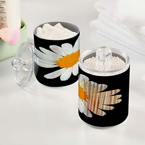 ALAZA White Daisy Flower 2 Pack Qtip Holder Dispenser with Lid 14 Oz Clear Plastic Apothecary Jar Containers Jars Bathroom for Cotton Swab, Ball, Pads, Floss, Vanity Makeup Organizer