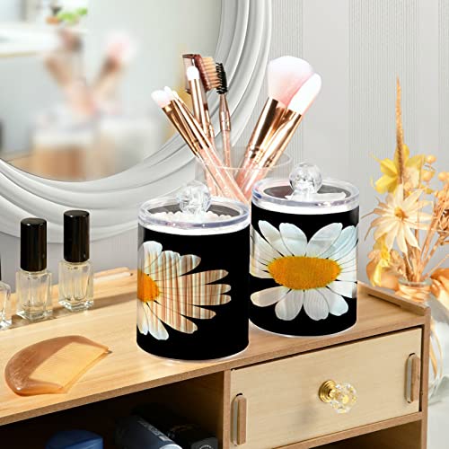 ALAZA White Daisy Flower 2 Pack Qtip Holder Dispenser with Lid 14 Oz Clear Plastic Apothecary Jar Containers Jars Bathroom for Cotton Swab, Ball, Pads, Floss, Vanity Makeup Organizer