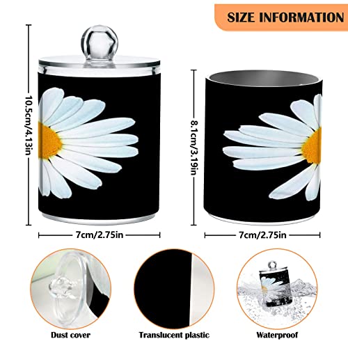 ALAZA White Daisy Flower 2 Pack Qtip Holder Dispenser with Lid 14 Oz Clear Plastic Apothecary Jar Containers Jars Bathroom for Cotton Swab, Ball, Pads, Floss, Vanity Makeup Organizer