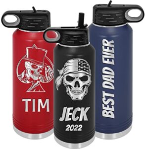 personalized water bottles with flip-top lid and straw, customized engraved insulated flask, custom stainless steel sports thermos 20 oz., 32 oz., 40 oz (black)