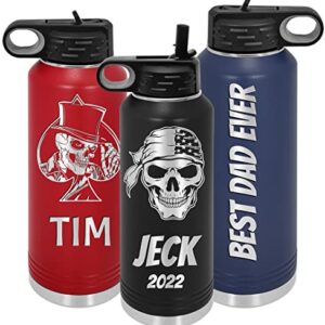 Personalized Water Bottles with Flip-Top Lid and Straw, Customized Engraved Insulated Flask, Custom Stainless Steel Sports Thermos 20 oz., 32 oz., 40 oz (Black)