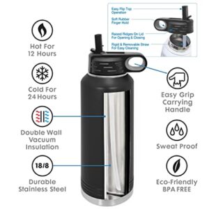 Personalized Water Bottles with Flip-Top Lid and Straw, Customized Engraved Insulated Flask, Custom Stainless Steel Sports Thermos 20 oz., 32 oz., 40 oz (Black)