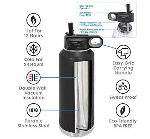 Personalized Water Bottles with Flip-Top Lid and Straw, Customized Engraved Insulated Flask, Custom Stainless Steel Sports Thermos 20 oz., 32 oz., 40 oz (Black)