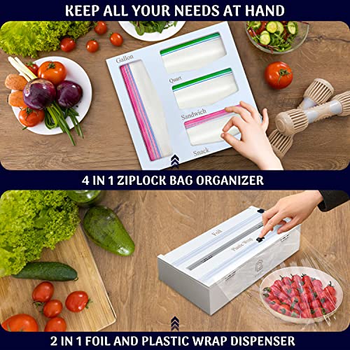 Ziplock Bag Organizer Bamboo, 6 in 1 Foil and Plastic Wrap With Cutter for Kitchen Drawer Compatible with Gallon, Quart, Sandwich and Snack Size Bags & 12" Rolls