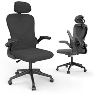 laziiey home office chairs with flip up arms, comfortable computer desk chair with wheels adjustable headrest and lumbar support for home office (black)