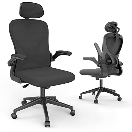 Laziiey Home Office Chairs with Flip Up Arms, Comfortable Computer Desk Chair with Wheels Adjustable Headrest and Lumbar Support for Home Office (Black)