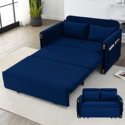 CALABASH Sofa Bed,Pull Out Couch Bed Sleeper Sofa,54" Modern Convertible Velvet Loveseat with 2 Pillows and Side Pockets, Small Love seat Sofa Bed w/Headboard for Living Room, Apartment (Blue)