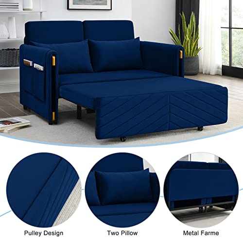 CALABASH Sofa Bed,Pull Out Couch Bed Sleeper Sofa,54" Modern Convertible Velvet Loveseat with 2 Pillows and Side Pockets, Small Love seat Sofa Bed w/Headboard for Living Room, Apartment (Blue)