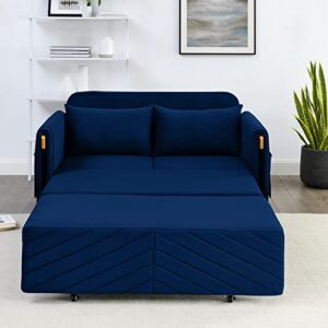 CALABASH Sofa Bed,Pull Out Couch Bed Sleeper Sofa,54" Modern Convertible Velvet Loveseat with 2 Pillows and Side Pockets, Small Love seat Sofa Bed w/Headboard for Living Room, Apartment (Blue)