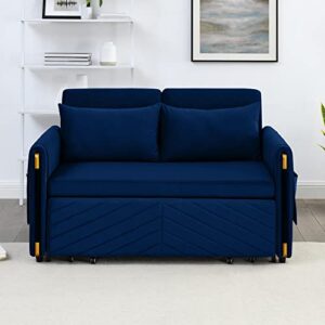 CALABASH Sofa Bed,Pull Out Couch Bed Sleeper Sofa,54" Modern Convertible Velvet Loveseat with 2 Pillows and Side Pockets, Small Love seat Sofa Bed w/Headboard for Living Room, Apartment (Blue)