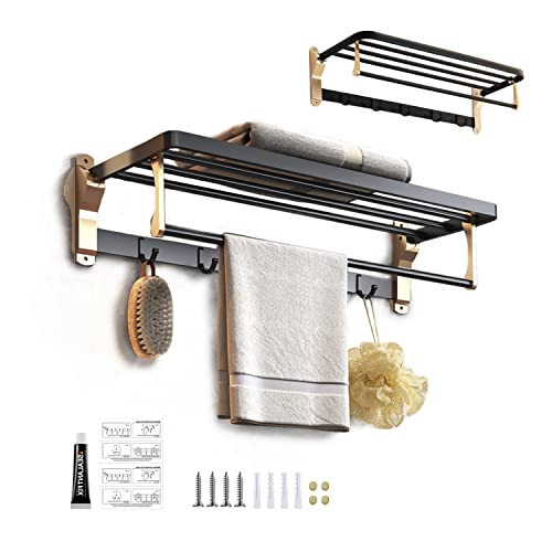 ROZZWILD Towel Rack Wall Mounted 24 Inch Adhesive No Drill Towel Storage Shelf with 5 Hooks for Bathroom Aluminum Alloy Rustproof Matte Black Gold