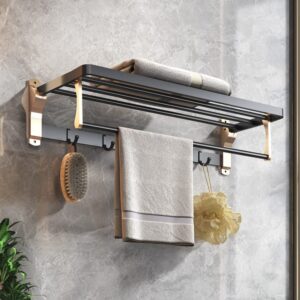 ROZZWILD Towel Rack Wall Mounted 24 Inch Adhesive No Drill Towel Storage Shelf with 5 Hooks for Bathroom Aluminum Alloy Rustproof Matte Black Gold