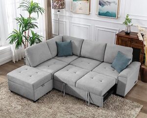 merax sofa bed sleeper couch l shaped sofa with storage ottoman, l-shape sectional couch with comfortable backrest for living room and small apartment (gray)