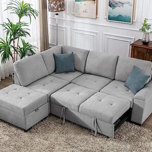 Merax Sofa Bed Sleeper Couch L Shaped Sofa with Storage Ottoman, L-Shape Sectional Couch with Comfortable backrest for Living Room and Small Apartment (Gray)