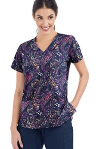 tafford active stretch women's elegant paisley navy print scrub top – rounded v-neck medical scrub top (3x-large)