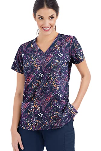 Tafford Active Stretch Women's Elegant Paisley Navy Print Scrub Top – Rounded V-Neck Medical Scrub Top (3X-Large)