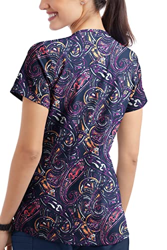 Tafford Active Stretch Women's Elegant Paisley Navy Print Scrub Top – Rounded V-Neck Medical Scrub Top (3X-Large)