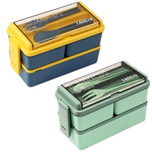 chzzms 2 pack bento box adult lunch box,49oz leakproof eco-friendly stackable bento lunch box meal prep for dining out, work, picnic, school (green+blue)