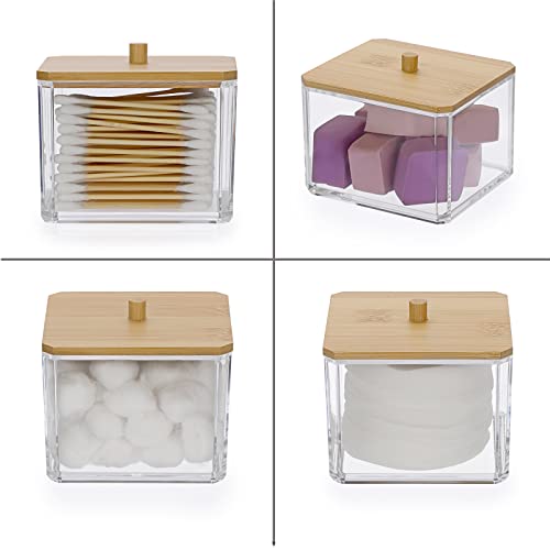 Hipiwe Acrylic Q-Tip Holder Dispenser with Lid Clear Plastic Bathroom Canisters Square Apothecary Jar Set Cotton Swab and Ball Storage Organizer for Cotton Round Pads, Floss