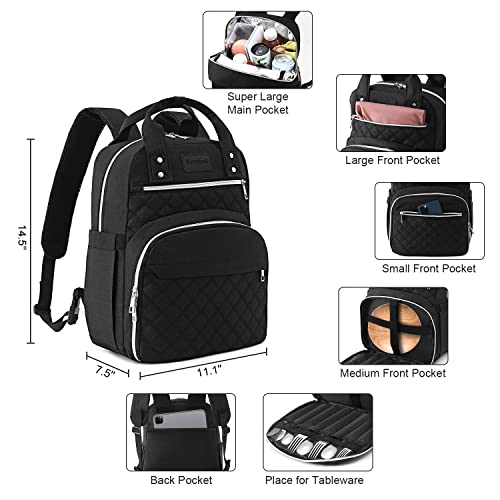 Wesugeyo Insulated Lunch Backpack Bag for Women Men, Multi Compartment Lunch Backpack Reusable Adults Lunch Cooler Box with Side Pockets Concealed Shoulder Strap for Picnic Work Camping Hiking (Black)