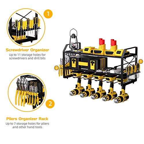 Samyoung Power Tool Organizer Wall Mount with 5 Drill Slots Drill Rack Heavy Duty Floating Tool Shelf Power Tool Organizer Power Tool Holder for Handheld & Cordless Drill Tools | 5 Holders