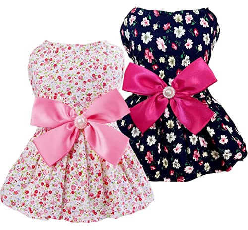 Petroom 2 Pieces Small Dog Dresses,Cute Princess Floral Skirt Cat Apparel Female for Yorkie(Pink & Rose red S)