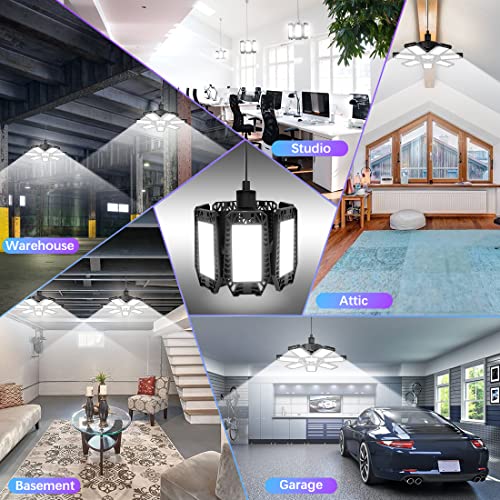 2 Pack LED Garage Light,200W Garage Light 20000lm Deformable Garage Lights Ceiling Shop Light with 7+1 Adjustable Panel,6500K Daylight Folding Screw in Garage Lighting Bulb E26/E27 for Workshop Garage