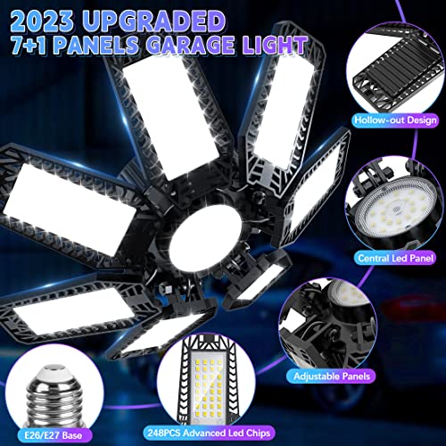 2 Pack LED Garage Light,200W Garage Light 20000lm Deformable Garage Lights Ceiling Shop Light with 7+1 Adjustable Panel,6500K Daylight Folding Screw in Garage Lighting Bulb E26/E27 for Workshop Garage