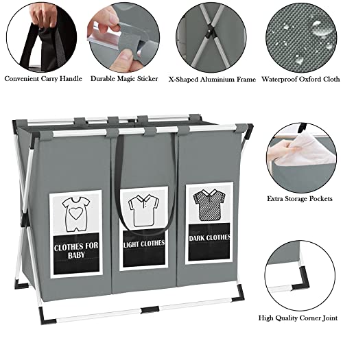 C&AHOME Laundry Basket 3 Sections, 135L Foldable Laundry Hamper Basket Sorter with Waterproof Oxford Bag and Aluminum Frame, Laundry Sorter Storage Dirty Clothes Bag for Bathroom Bedroom, Grey AFLH03G