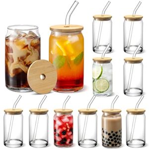 vitever 12pcs set glass cups with bamboo lids and glass straw - beer can shaped drinking glasses, 16 oz