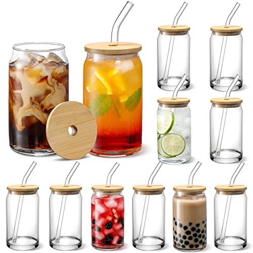 VITEVER 12pcs Set Glass Cups with Bamboo Lids and Glass Straw - Beer Can Shaped Drinking Glasses, 16 oz