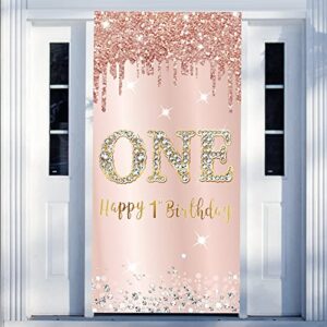 happy 1st birthday door banner decorations for baby girls, pink rose gold first birthday party door cover backdrop supplies, one year old birthday poster sign photo booth props decor