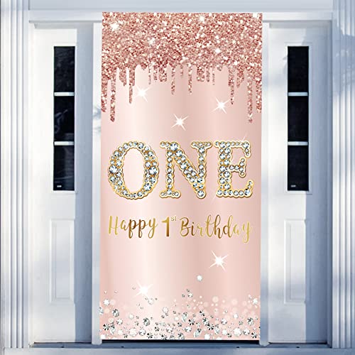 Happy 1st Birthday Door Banner Decorations for Baby Girls, Pink Rose Gold First Birthday Party Door Cover Backdrop Supplies, One Year Old Birthday Poster Sign Photo Booth Props Decor