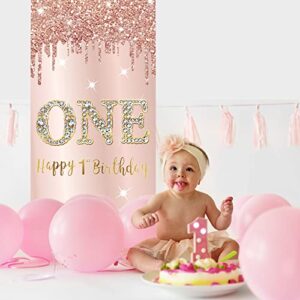 Happy 1st Birthday Door Banner Decorations for Baby Girls, Pink Rose Gold First Birthday Party Door Cover Backdrop Supplies, One Year Old Birthday Poster Sign Photo Booth Props Decor