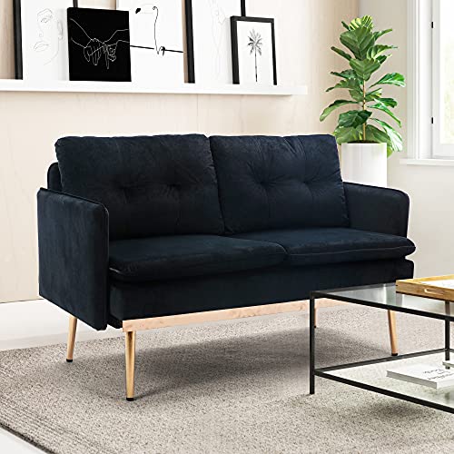 Goujxcy Velvet Couch, Loveseat Sofa, Accent Sofa Recliner, Golden Metal Legs, Mid Century Modern Sofas for Home Living Room Bedroom (Black2)