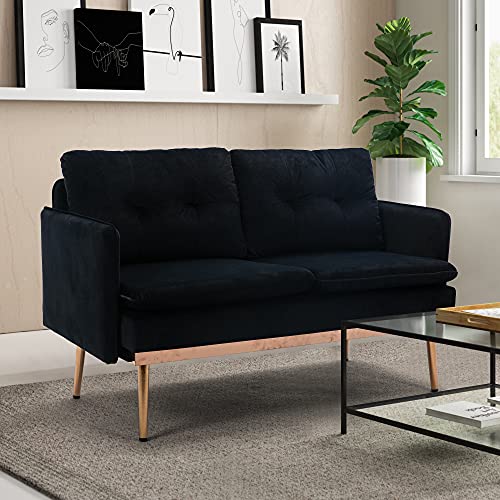 Goujxcy Velvet Couch, Loveseat Sofa, Accent Sofa Recliner, Golden Metal Legs, Mid Century Modern Sofas for Home Living Room Bedroom (Black2)