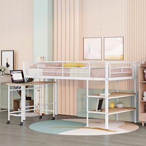 kids loft bed with desk and storage, metal low twin size bed with rolling portable desk and 2-tier shelves, low loft bed with full-length guardrail for kids boys girls teens (white)