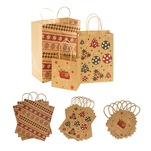 Christmas Gift Bags Assorted Sizes With Handles 15PCS, Reusable Christmas Bags for Gifts, Kraft Paper Gift Bags Small Size, Medium Size, Large Size Holiday Gift Bags, Goody Bags, Party Favor Bags