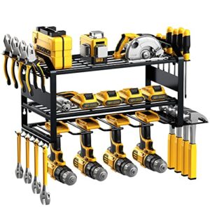 power tool organizer wall mounted, 4 tool drill holders with 4 hangers, garage tool organizers and storage, utility storage rack, floating tool shelf for drill and more, gift for father