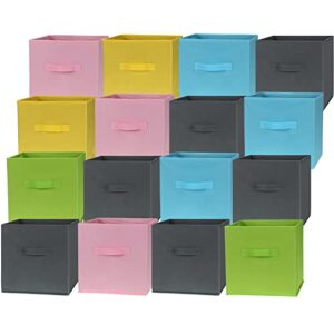 16 pack cube storage bins bulk, 11 inch fabric cubby basket, fun colored foldable storage cubes organizer with handles for home kids room nursery clothing closet and toys bedroom organization
