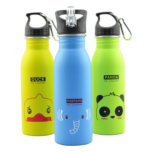 Water Bottle Kids, Animals, Stainless Steel Water Bottles, Kids Metal Canteen, for School, Sport, Easy to Use, Reusable, Spill Proof, Keeps Cold for Hours, Collectibles (Green - Panda)