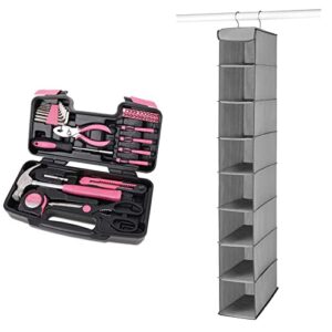 apollo tools original 39 piece general household tool set in toolbox storage case & whitmor hanging shoe shelves - 8 section - closet organizer - grey