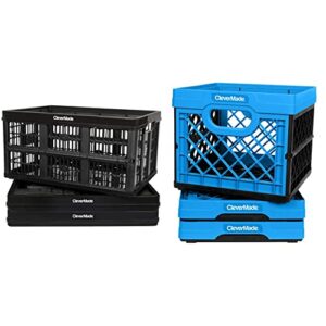 clevermade 45l collapsible storage bins, black, 3 pack & milk crates, 25l plastic stackable storage bins clevercrates utility folding baskets, pack of 3, blue