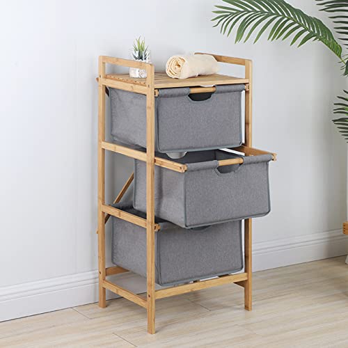 3-Tier Bathroom Organizer Storage Shelf,Organizer Freestanding Laundry Hamper Basket,Bamboo Fold Out Hamper Shelf Storage with Pull-Out Fabric Baskets for Living Room Bedroom Bathroom Closets