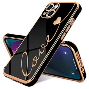 lapopnut compatible with iphone 13 case,cute love heart design for women girls, luxury plating bumper with camera lens protection cover shockproof phone case for iphone 13 6.1 inches black
