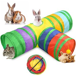 bunny tunnels tubes, fodiens 3 way collapsible rabbit guinea pig tunnel hideout, interactive small animal activity toys for dwarf rabbit guinea pig chinchilla ferret hamster kittens