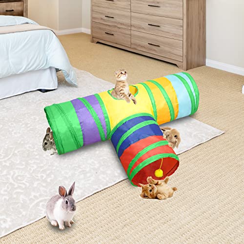 Bunny Tunnels Tubes, FODIENS 3 Way Collapsible Rabbit Guinea Pig Tunnel Hideout, Interactive Small Animal Activity Toys for Dwarf Rabbit Guinea Pig Chinchilla Ferret Hamster Kittens