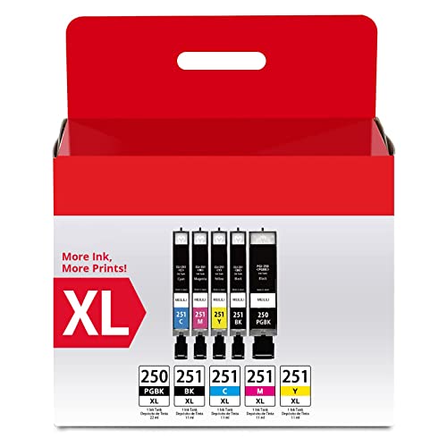 PGI-250XL CLI-251XL 5 Color Value Pack, Compatible for Canon 250 251 Ink Cartridges use with PIXMA MX922, MG5420, MG5520, MG5522, MG6320, MG6620, iP7220 (PGBK, Black, Cyan, Magenta, Yellow)