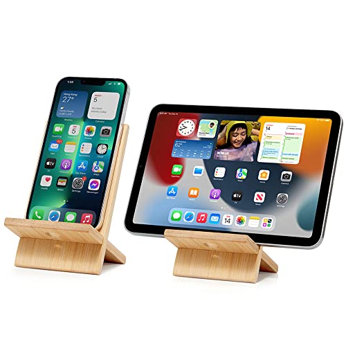 FadyDail Bamboo Cell Phone Stand with Charging Hole, Detachable Wood Mobile Phone Holder for Desk Tablet Stand Wooden Desktop Dock Cradle for iPhone iPad Samsung and All Smartphones